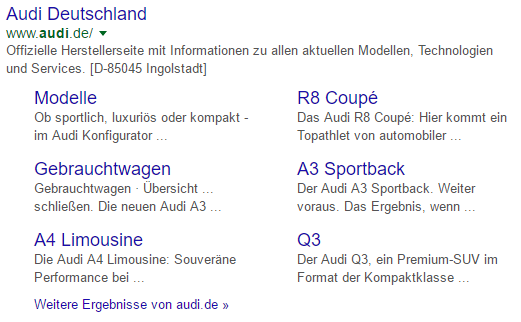Beispiel für Einblendung von Sitelinks in die organischen Suchergebnisse